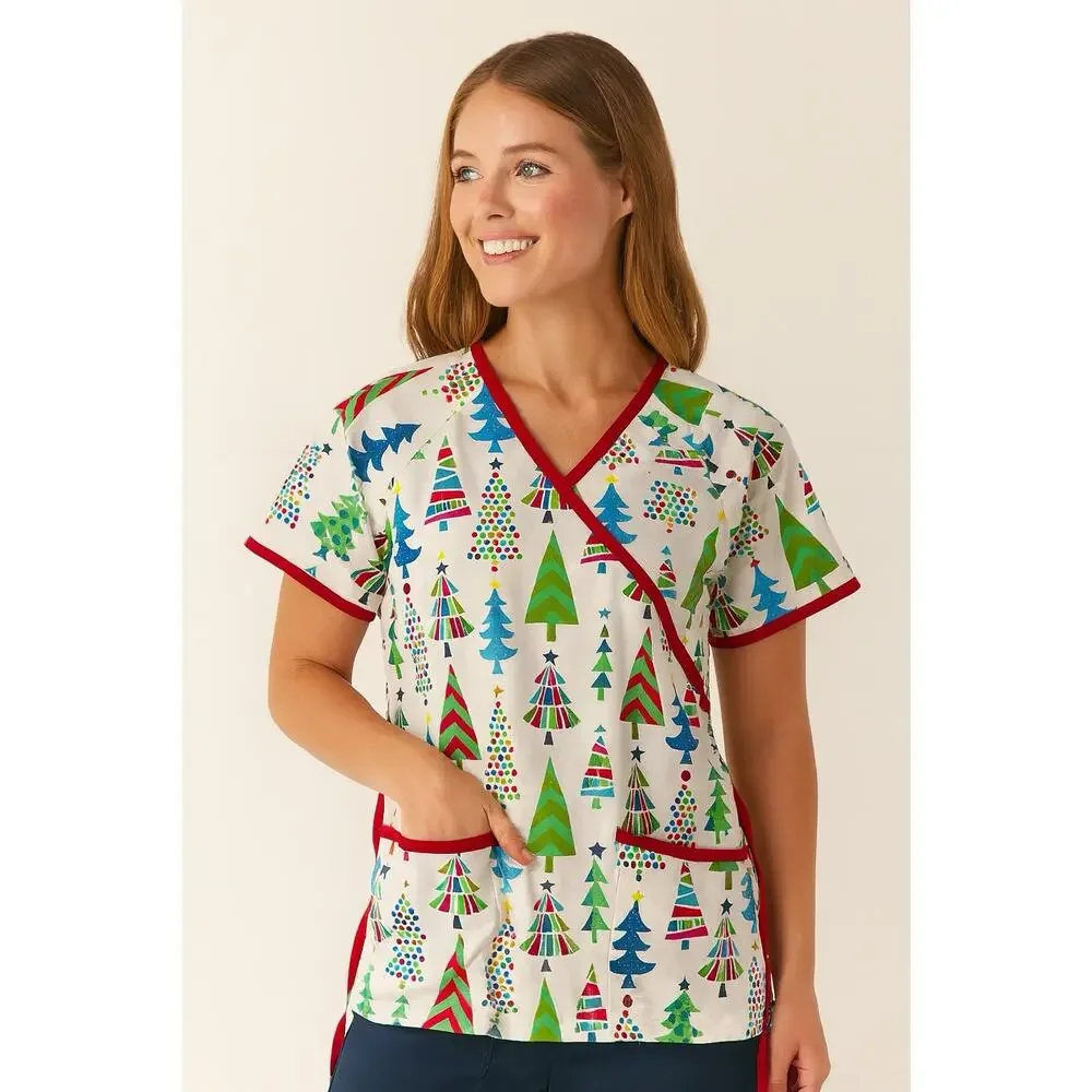 UA Christmas Holiday Print Tree Scrub Top Colorful Cotton Size Small White Red - Picture 1 of 7